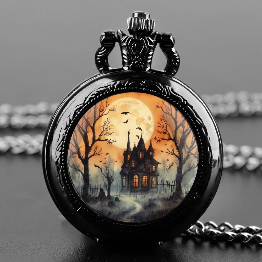 Halloween Cosplay Castle Glass Dome Quartz Pocket Watch With Durable Chain Arabic Numeral Dial Creative Gifts for Men Women