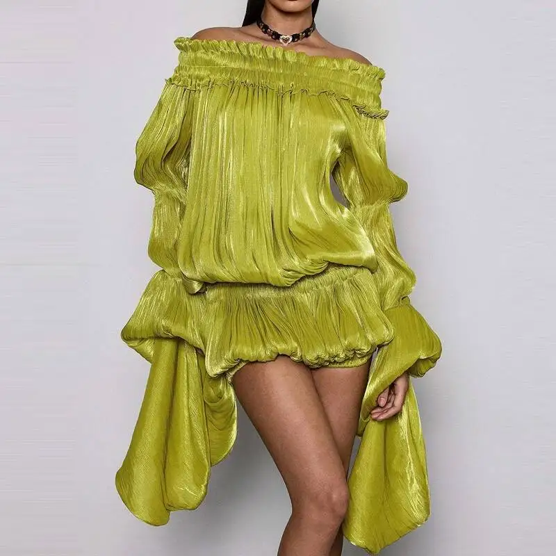 Lime Green Off-shoulder Pleated Short Dress Chic Smocked Waist Bubble Vistidos Women's Tiered Full Sleeve Beach Club Party Gown
