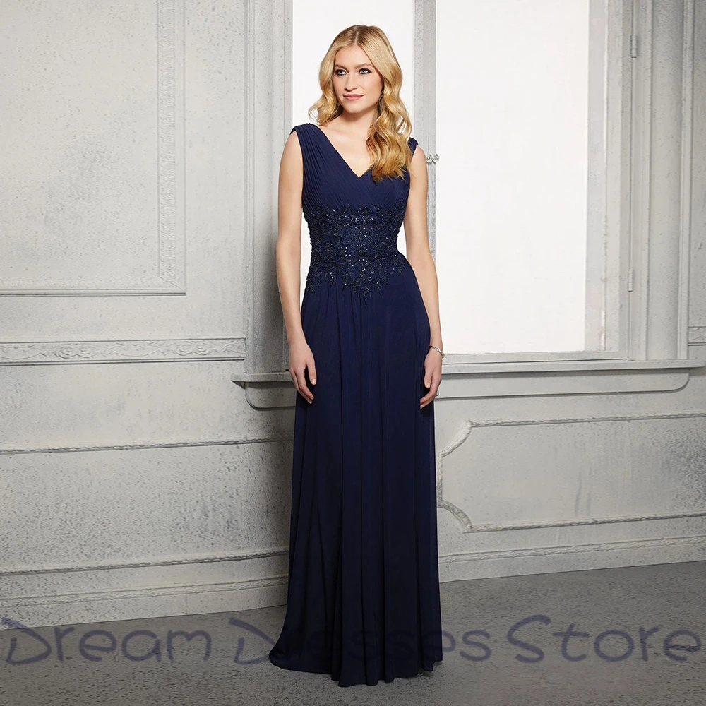 

Chiffon Applique Mother Of Bride Dresses V-neck Sleeveless Ribbon Floor Open Back Dress for Wedding 2024 Summer Mère Formelle