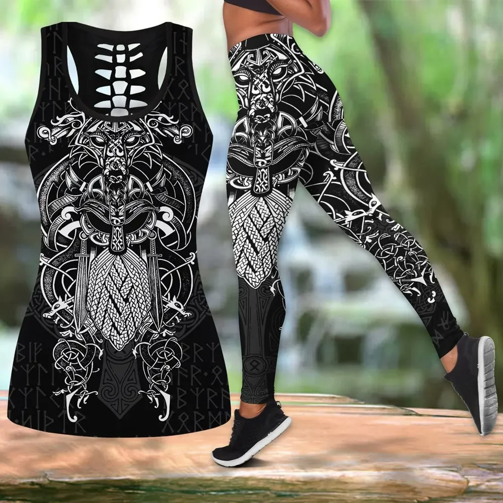 Mallas con estampado 3D de tatuajes vikingos para mujer, combinación de chaleco y Leggings, pantalones de Yoga elásticos y sexys, a la moda