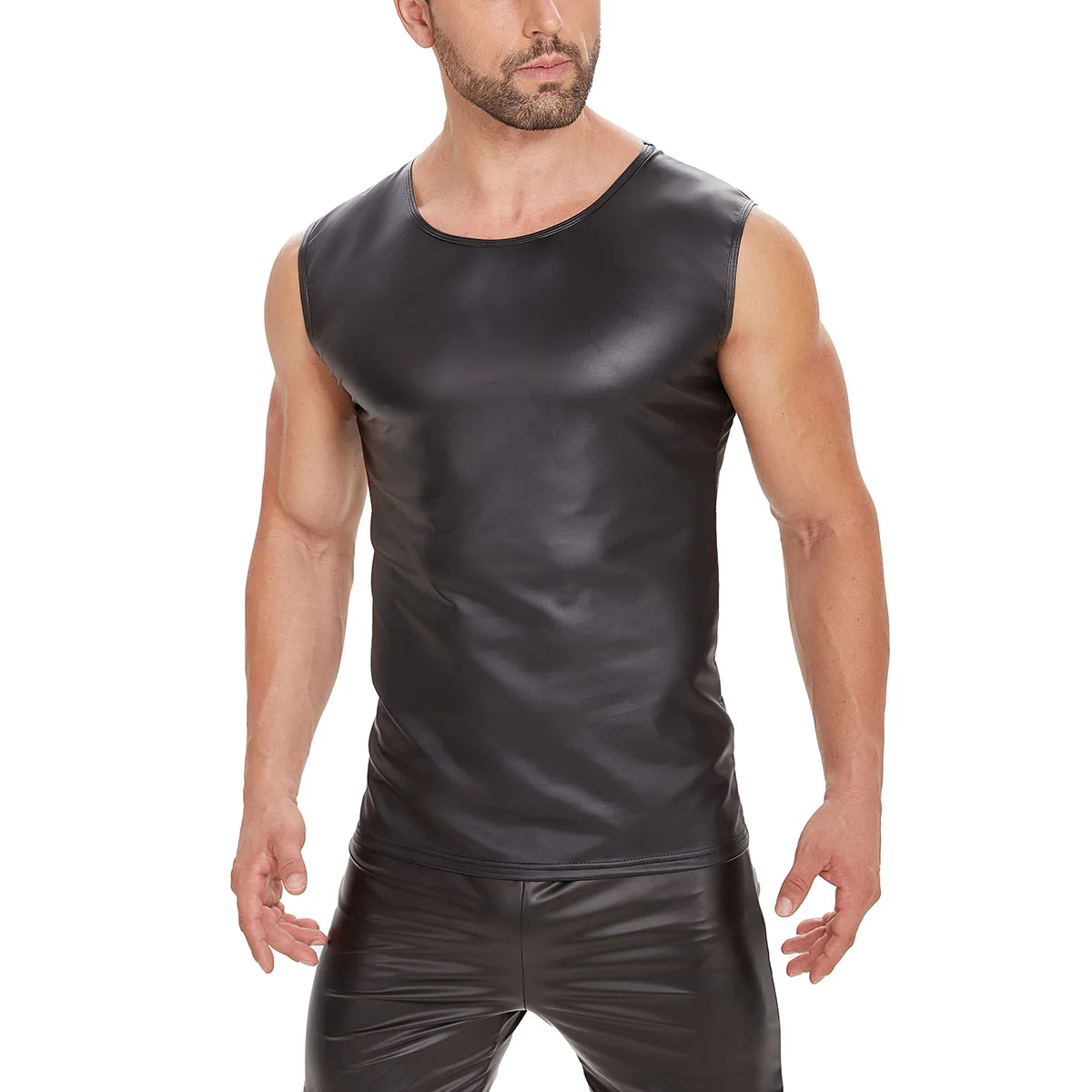 

Plus Size Mens Sexy Shiny Leather Tank Tops Male High Elastic Soft Matte Leather Undershirts Sleeveless Casual Streetwear Vest