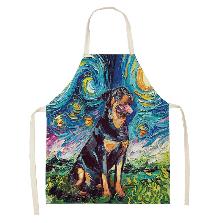 Oil Painting Style Apron Starry Sky Background Dog Creative Cotton Linen Parent-child Apron Kitchen Household