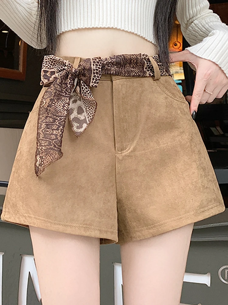 

Женские осенне-зимние новые тонкие повседневные и универсальные брюки трапециевидной формы с высокой талией для девочек, бархатные широкие шорты из кожи оленя