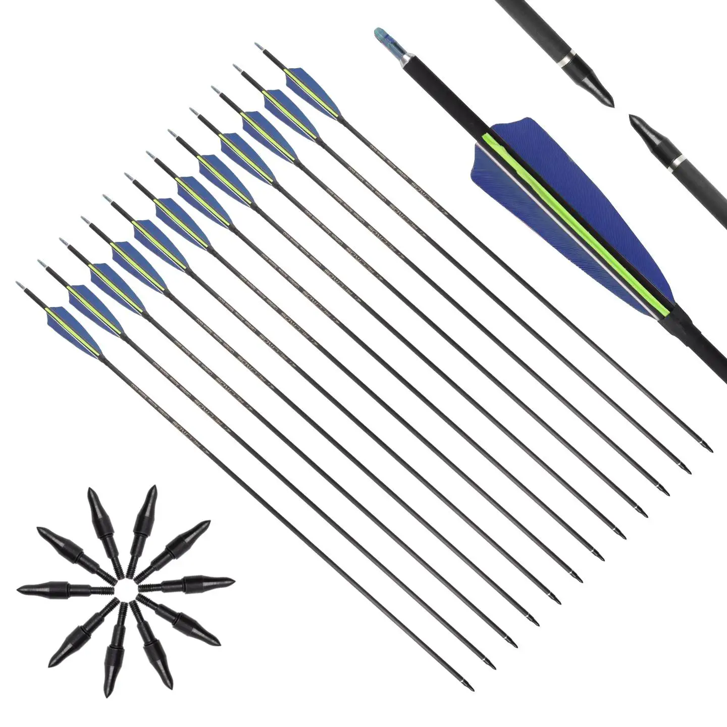 

12 шт., стрелы из чистого углерода для изогнутого лука, длинный лук, охотничий позвоночник, 300-800, штифт вала, наконечники, ID 6,2 мм, охотничьи стрелы для стрельбы из лука