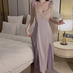 REBEYULI sexy sleepwear women 2024 spring Satin lace patchwork long dresses with chest pad deep V-Neck color night dress women