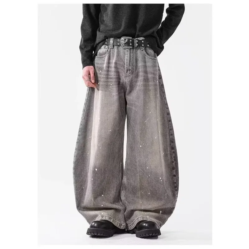 

Curved Knife Jeans for Men and Women Trendy Brand American Street Loose Spring and Autumn Retro Washed Vintage Grey Splash Ink