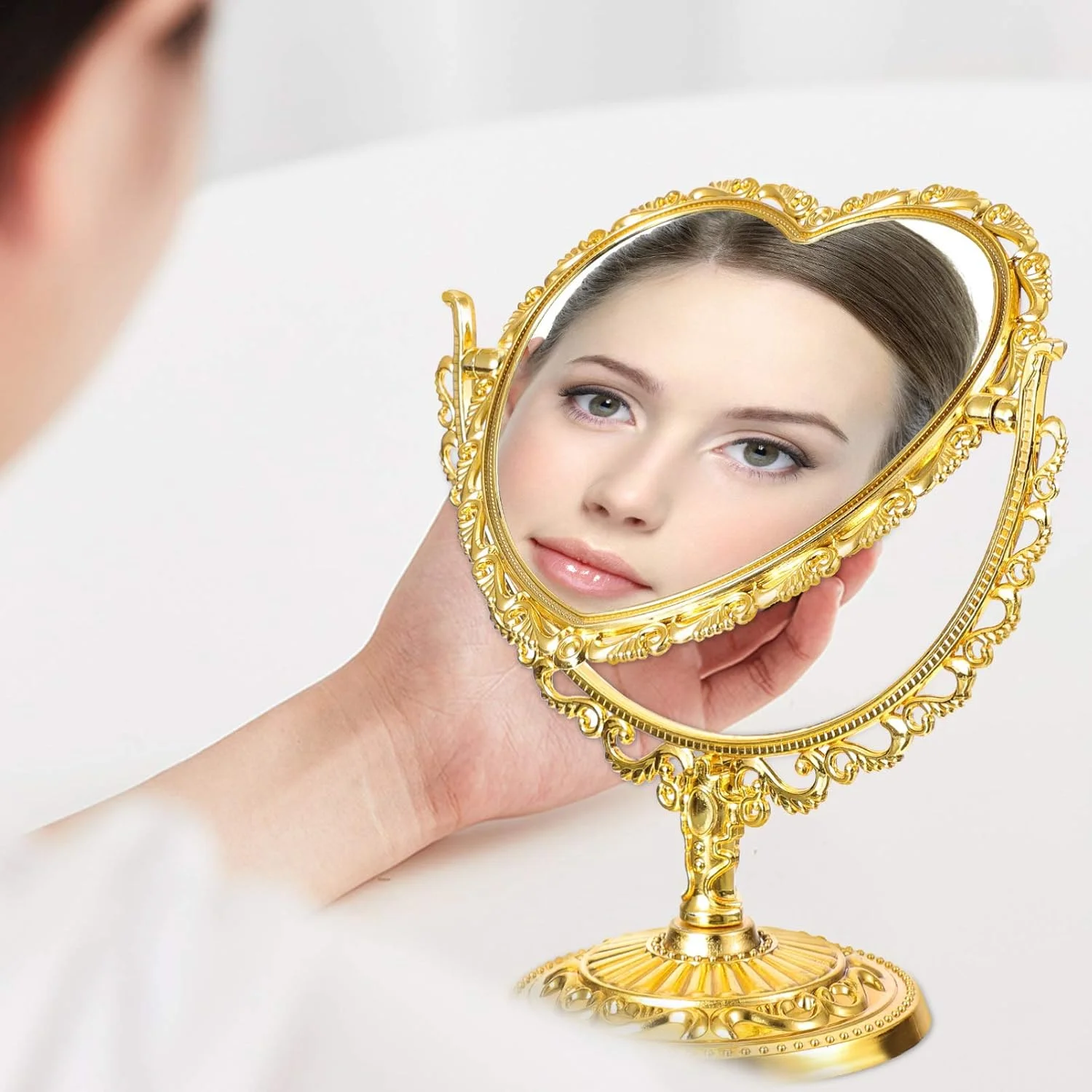 Tabletop Vanity Mirror - Cute Golden Heart Shaped Double Sided 360 Degree Rotation Magnifying Makeup Mirror for Perfect Beauty R