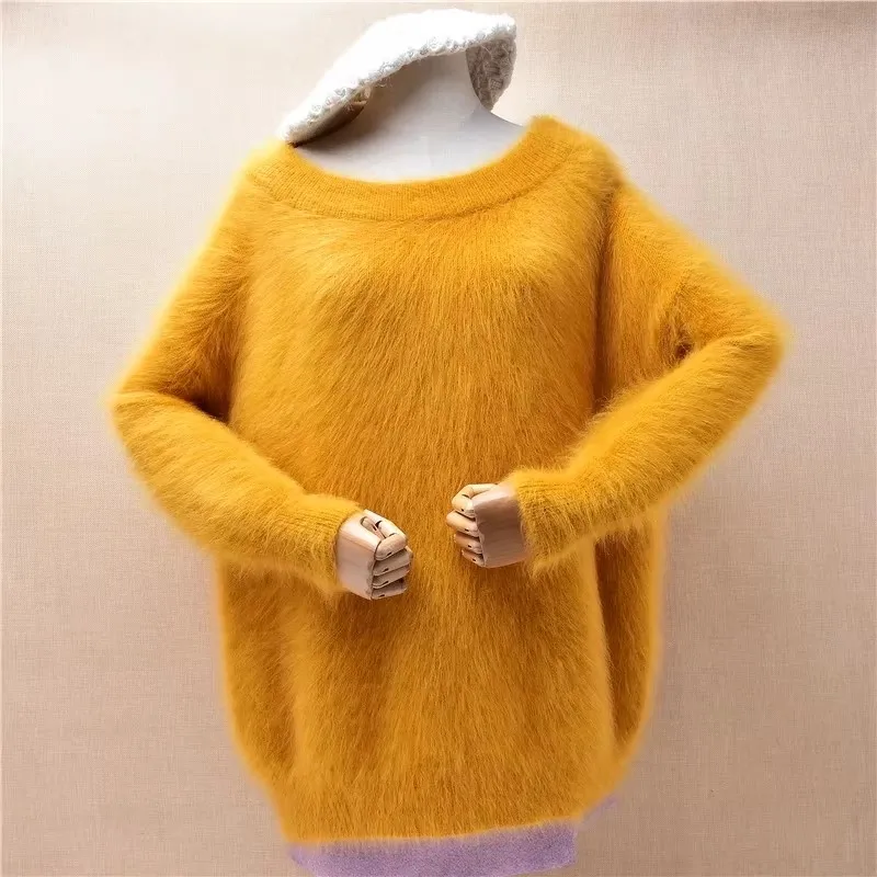 Frauen Mujer Herbst Winter Kleidung grün haarige Angora Kaninchen haar gestrickt O-Ausschnitt lange Ärmel lose Pullover Pullover Pullover ziehen