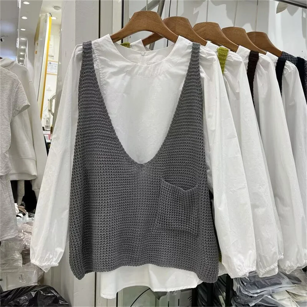 

Новинка 2026: Модный вязаный топ-жилет с V-образным вырезом и открытыми плечами для женщин. Корейская коллекция Весна-Лето.