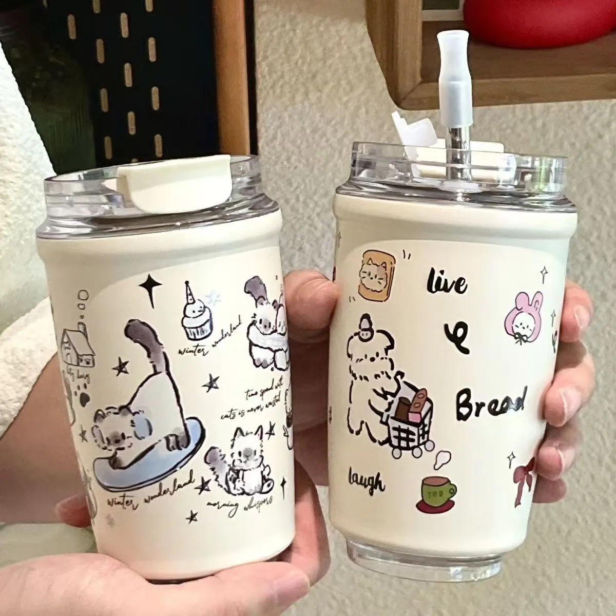 手描き36ステンレス鋼製断熱ウォーターボトルストロー付き女性用携帯コーヒーカップ高審美価値漫画猫デザイン