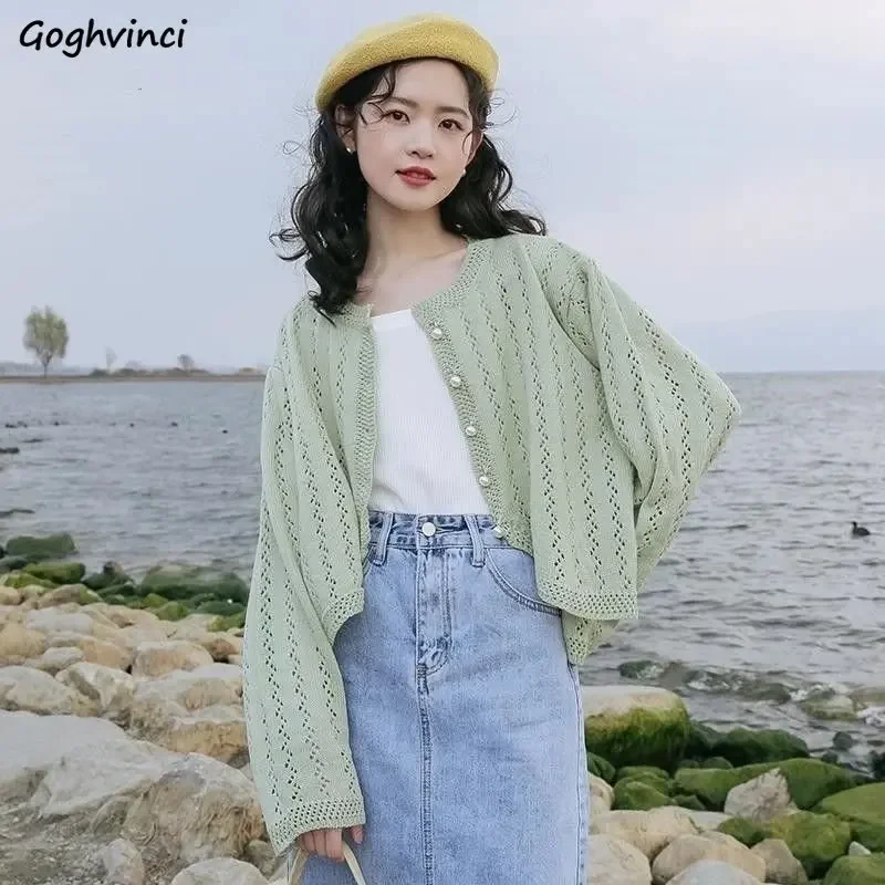 

Cardigan Women Sweet Simple Solid Design Hollow Out Fashion Spring Sun-proof Elegant Tender Korean Style Knitting Leisure Loose