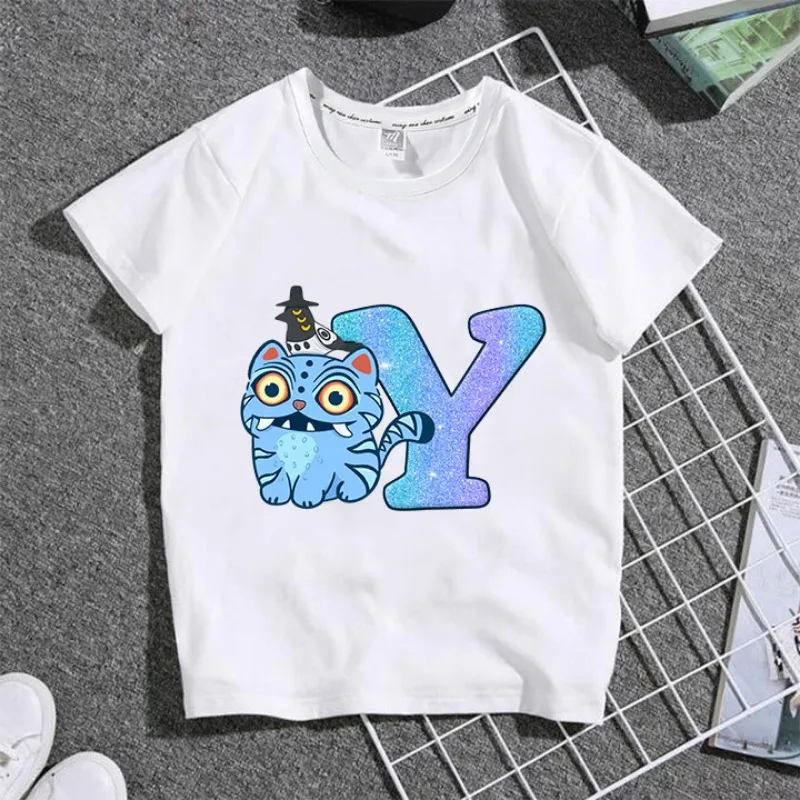 

Детские футболки KPop Demon Hunter с рисунком аниме, футболка с буквенным принтом A-Z для мальчиков и девочек, летняя одежда, подарки на день рождения