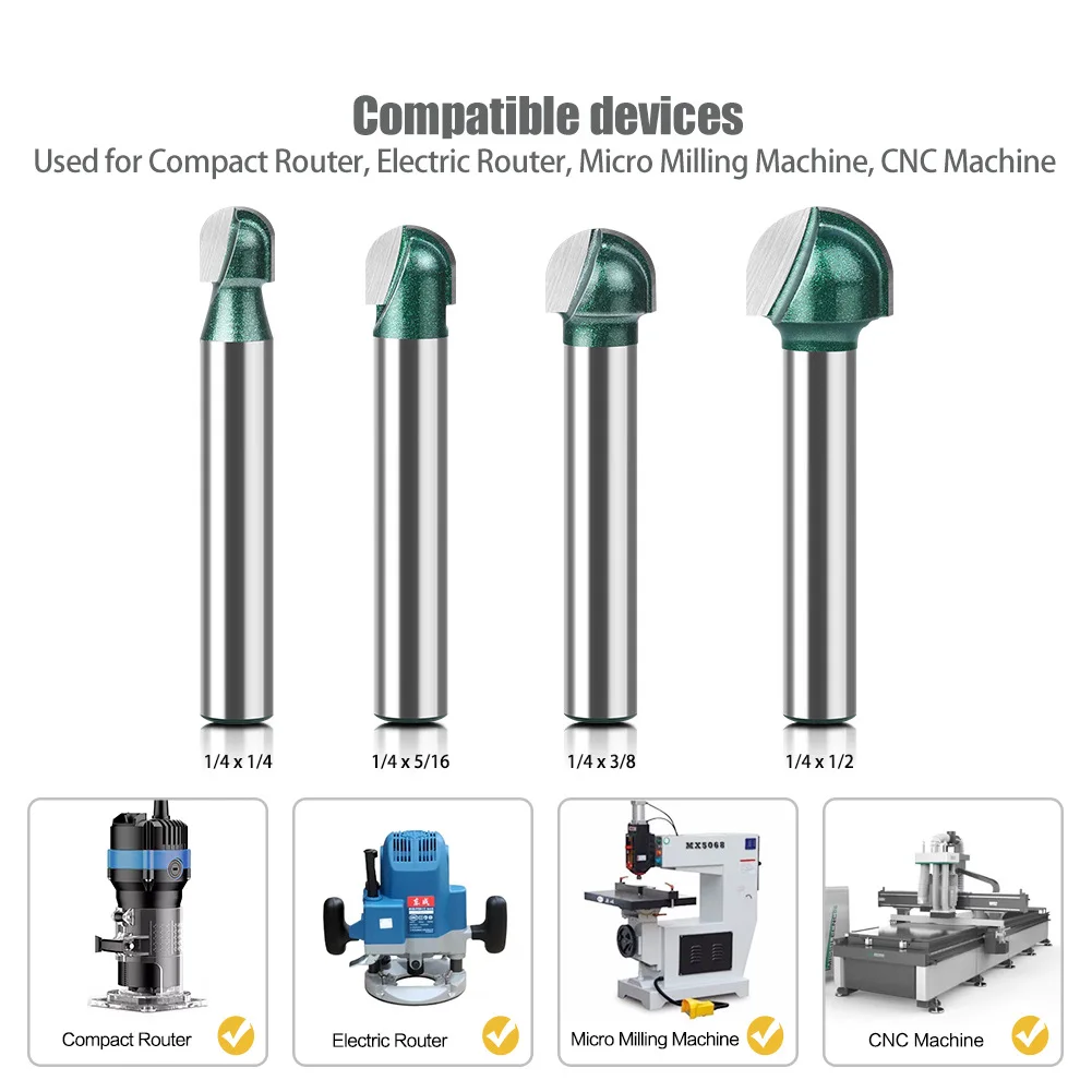 1pc 6mm 1/4 Shank Ball Nose Router Bit Set Deep Round Bottom Milling Cutter CNC Radius Core Box Solid Carbide Tools