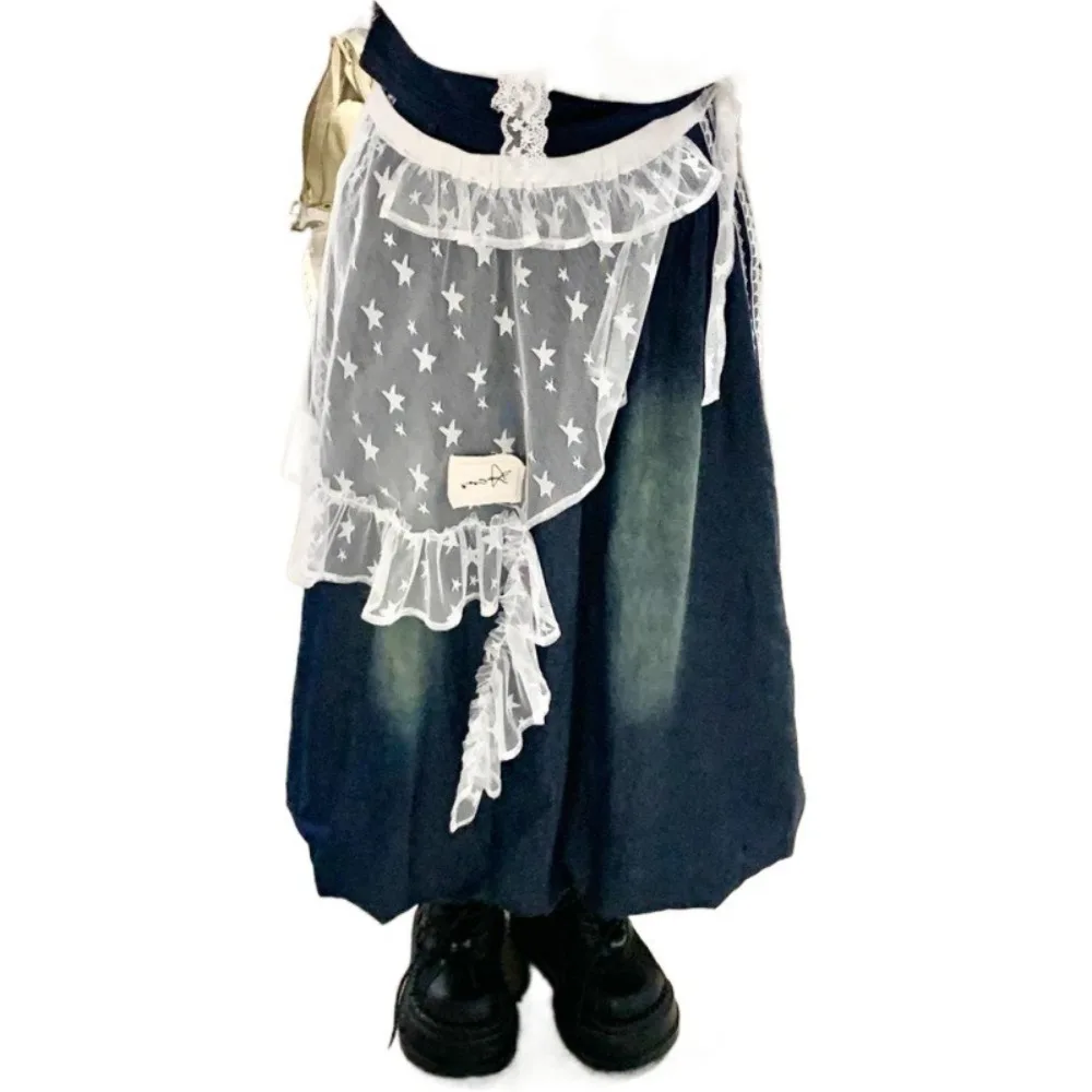 تنورة قصيرة من الدانتيل على شكل نجمة ناعمة تنورة شاش عالية الخصر غير منتظمة على الطراز الياباني تنورة بحافة مكشكشة للحفلات