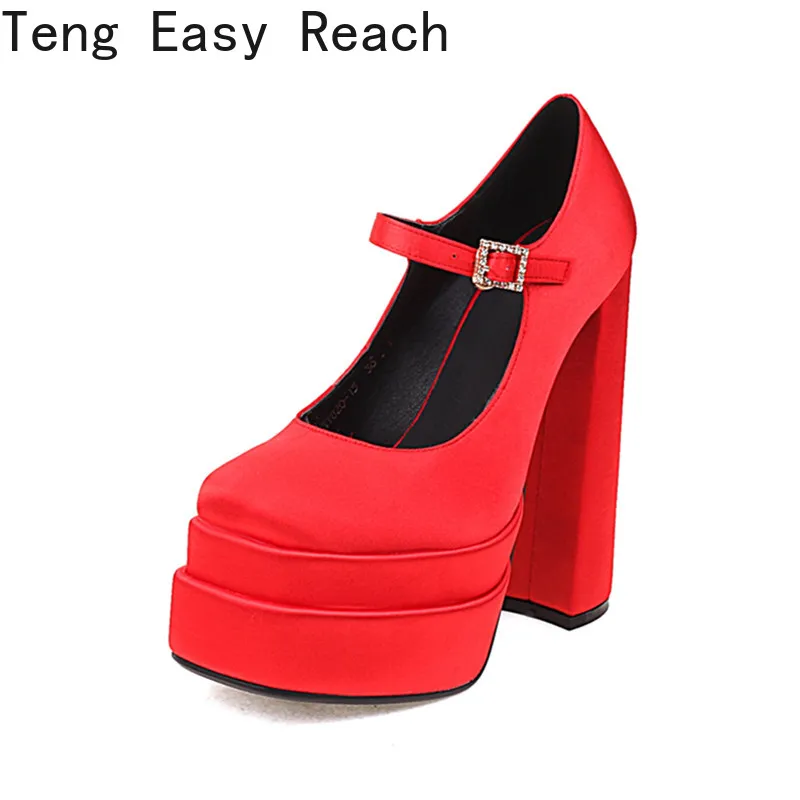 Fashion Waterproof Platform Square Toe Heel Satin Rhinestone Candy Color Sandals Big Size Party Wedding Sexy Thick High Heels