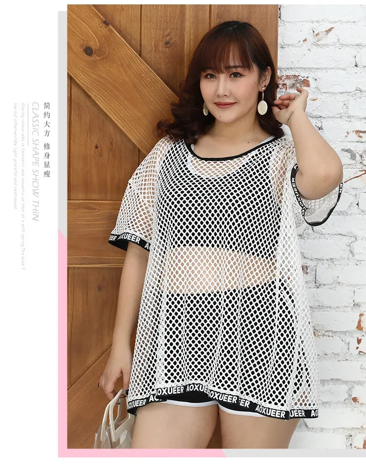 Plus Size Swimwear 2023 Korean Style Three - Piece Short-Sleeve Blouse Sports Trend Bikinis Bathing Suit for Women