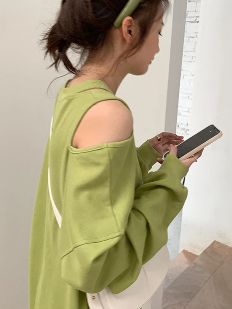 Deeptown Y2K Korean Style Pink Hoodies Women Sexy Off Shoulder Sweatshirts Green Loose Hollow Out All-match Crewneck Tops E-girl