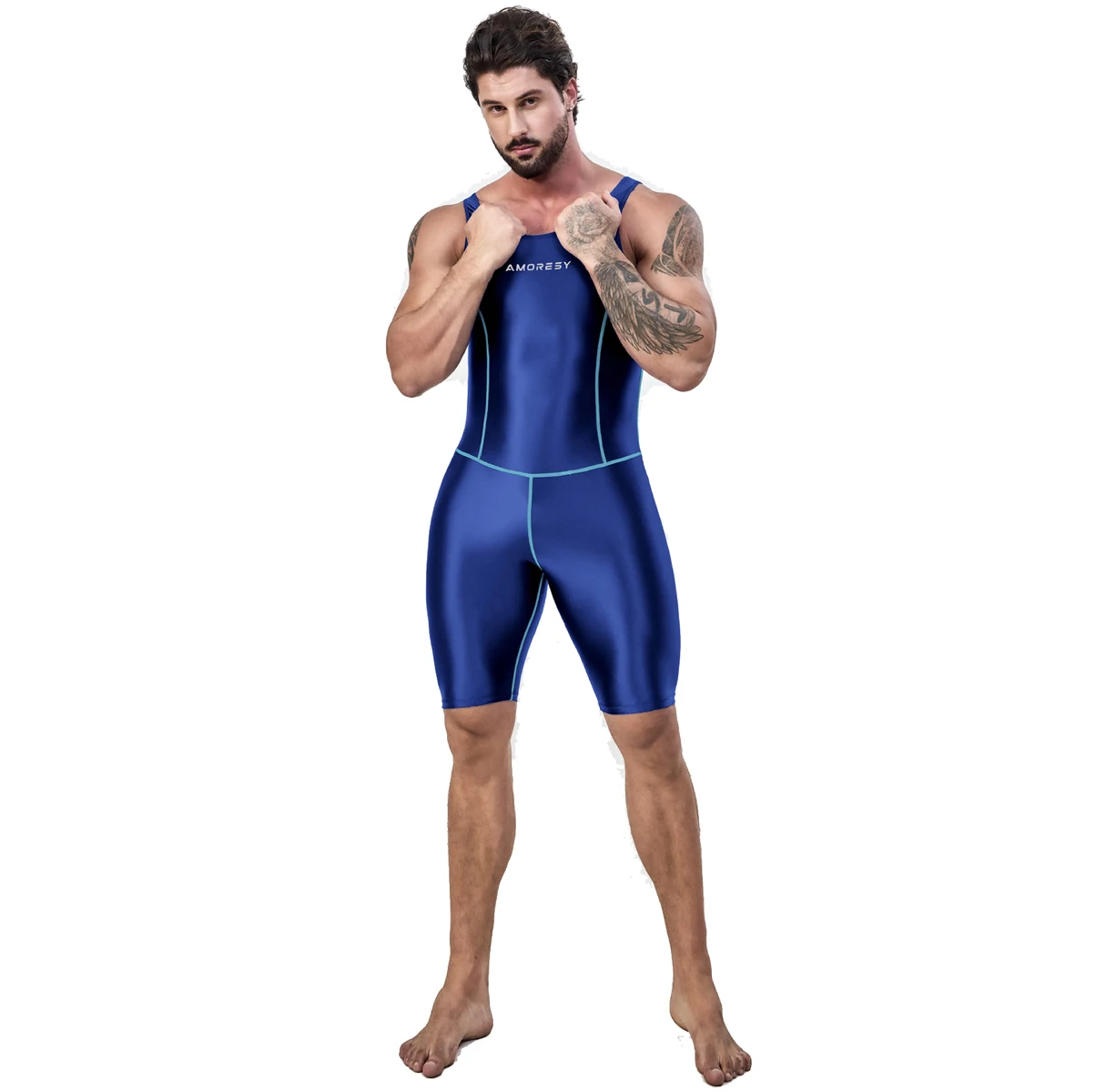AMORESY Men Cycling Running One Piece Bodysuit Smooth Oil Vest Shorts Patchwork Sleeveless Tights Fitness Back Zipper Tracksuits