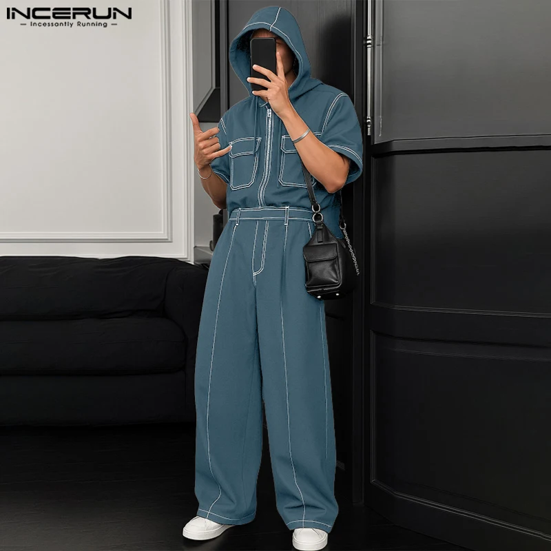 

INCERUN Мужские комплекты Лоскутная рубашка с капюшоном и короткими рукавами и брюки Комплекты из двух предметов Уличная одежда Свободные модные мужские повседневные костюмы 2025 года