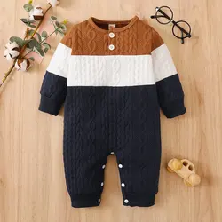 Spring And Autumn Boys  Romper Round Neck Long Sleeve Button Striped Fashion  Warm  Leisure Home Baby Clothing