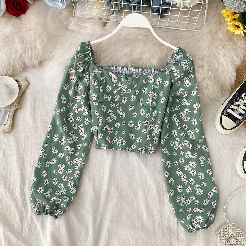 Floral Print Tops Women's Vintage Square Collar Chiffon Top Long Puff Sleeve Short Shirt Fashion Elegant Cottagecore Streetwear