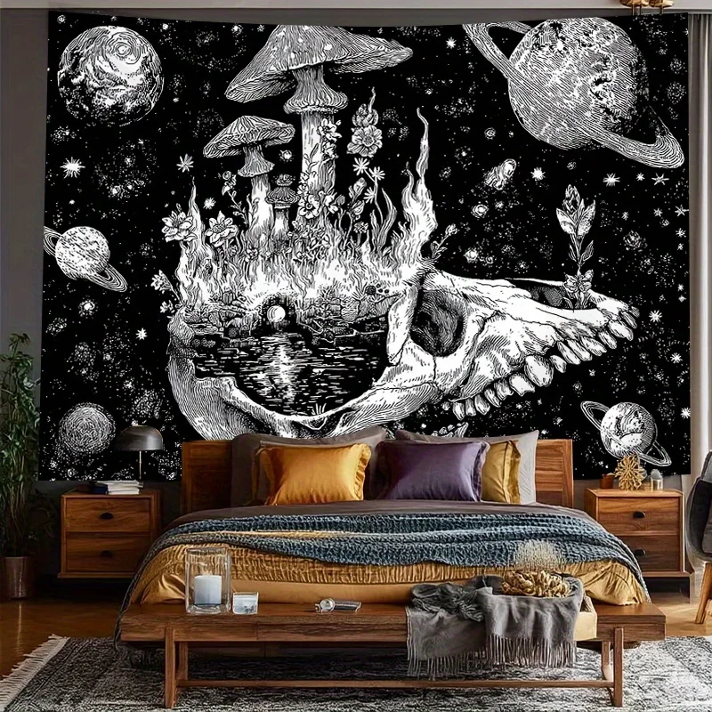 Large Cosmic Skull Mushroom Forest Galaxy Wall Tapestry Black and White Space Art Decor for Bedroom Living Room