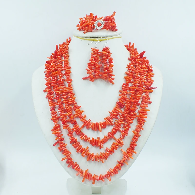 

4 rows of natural irregular orange coral necklace/bracelet/earrings set. Glamour Women Wedding Jewelry