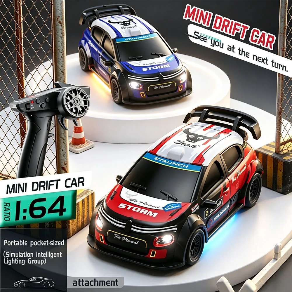 1:64 Scale Mini RC Drift Car Portable Pocket Size Remote Control Racing Vehicle with Simulation Lighting Toy Gift for Kids Boys