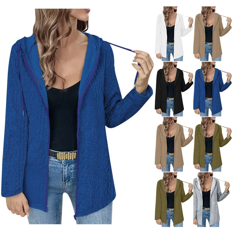 

European and American Women's New Spring Autumn Winter Loose Zipper Long-sleeved Hooded Top Solid Color Casual Cardigan Jacket
