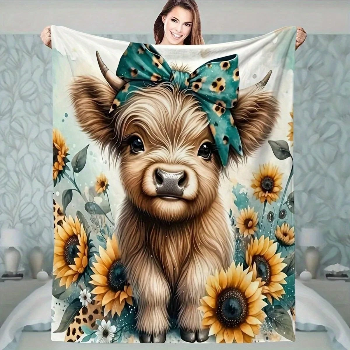 Ultra Soft Highland Cow Sunflower Print Fleece Blanket Multi Purpose Sofa Nap Hiking Blanket Holiday Gift for Family Friends