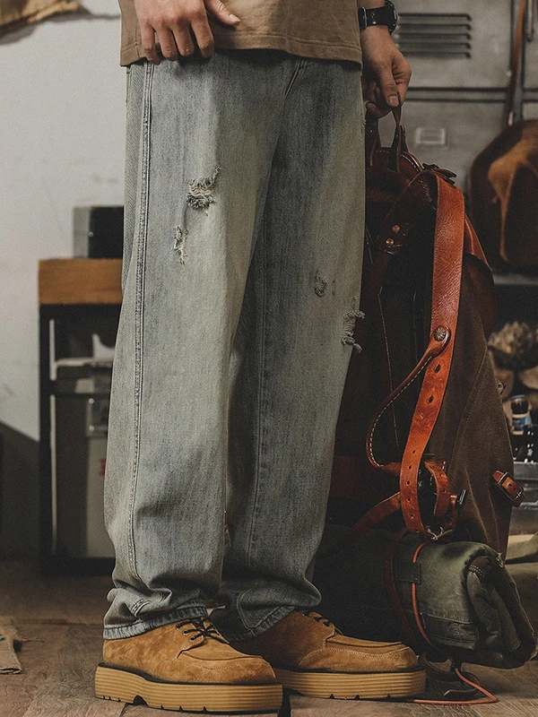 

Jerry American Yellow Mud Jeans Men's Loose Straight Leg Hole Punching Light Vintage Wa Casual Long Trousers