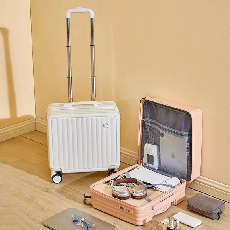 حقيبة حمل مدمجة مقاس 18 بوصة، عجلات دوارة خفيفة الوزن، حقيبة سفر جلدية عصرية، قفل بكلمة مرور، حقائب يد #3