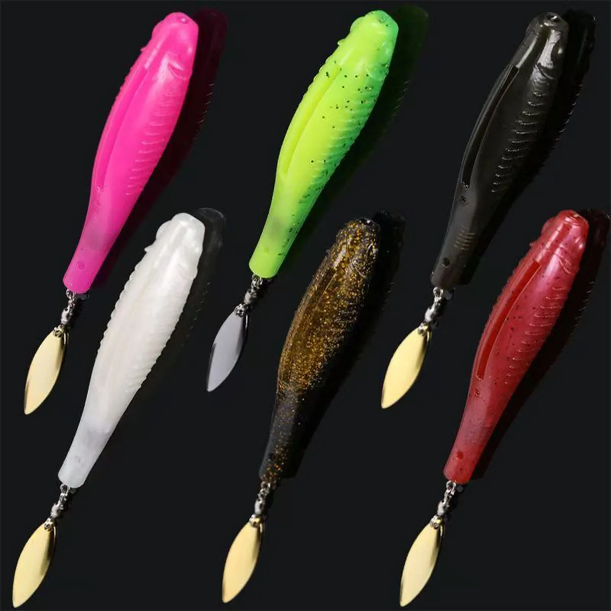 

Spinner Blade Attached Soft Swimbaits, Ribbed Minnow Soft Lures with Rotating Metal Sequins, Glitter Multicolor Fishing Baits