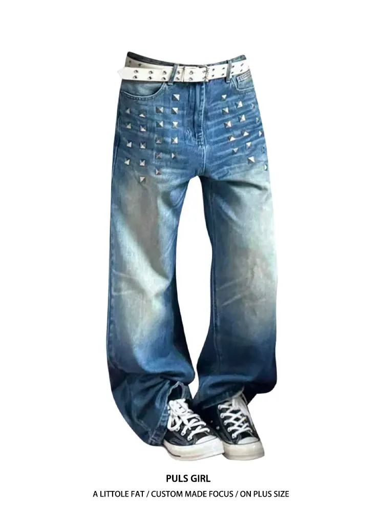 

Retro American Washed Distressed Rivet Denim Pants Women's New Loose Drapey Wide Leg Long Pants High Waist Casual Wear