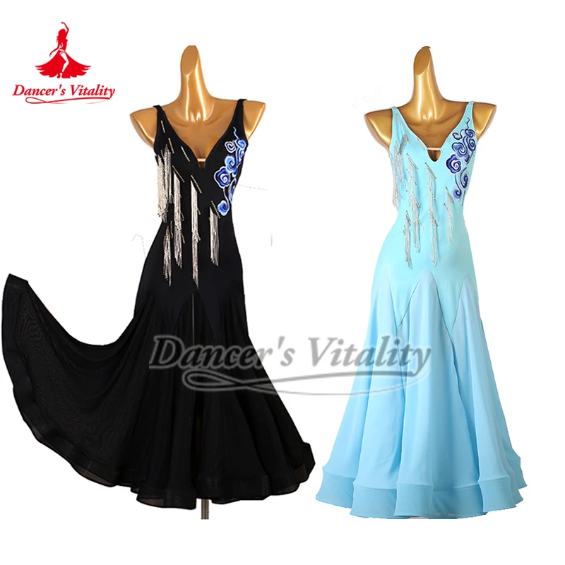 

Черный небесно-голубой два цвета доступны без рукавов с открытой спиной для тренировок, современные платья для взрослых, костюм фокстрота по индивидуальному заказу