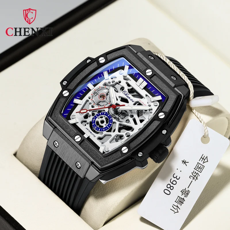 Gratis verzending OUTLETSChenxi wijnvat vierkant automatisch mechanisch horloge high-end holle transparante onderkant siliconen band water