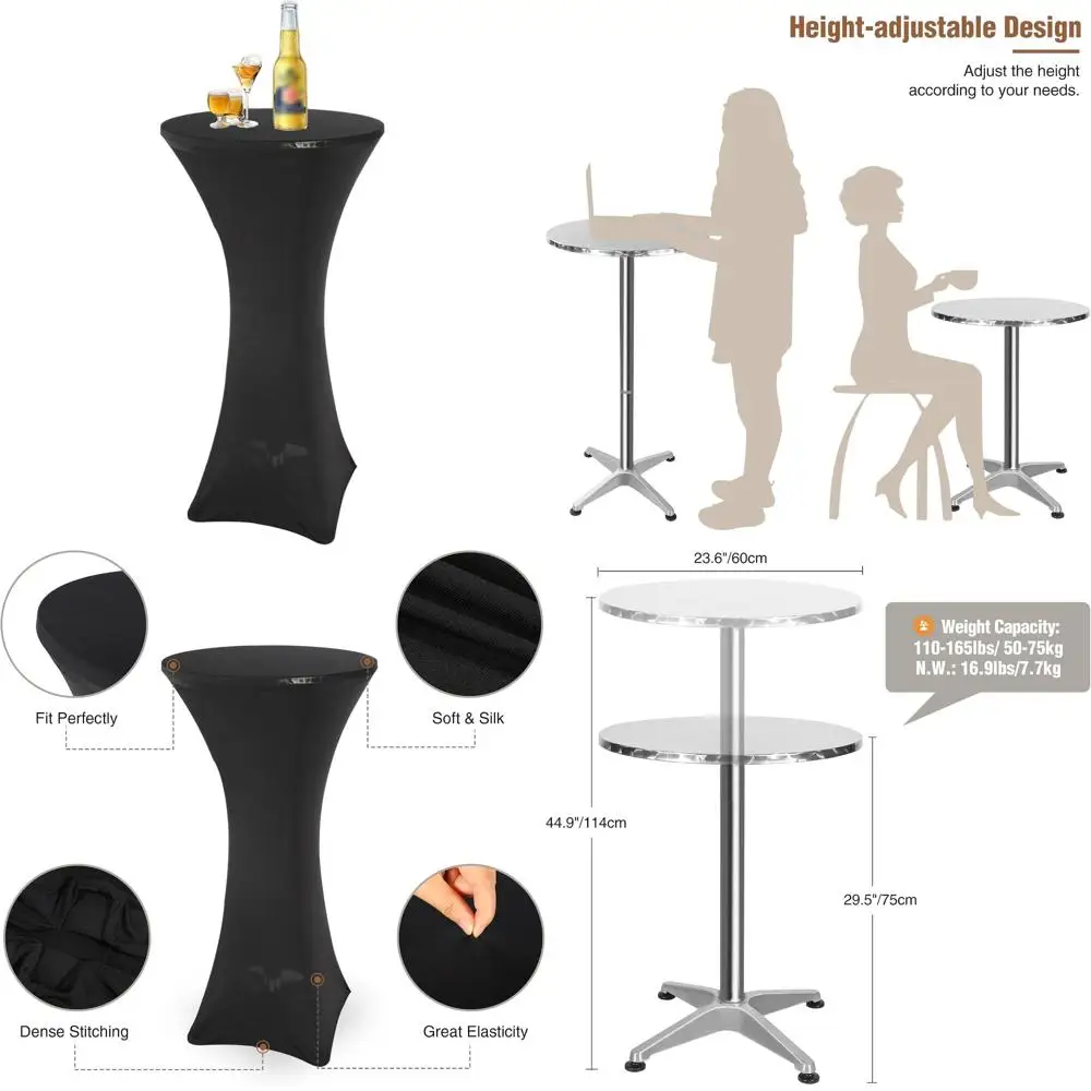 

24 Cocktail Table with Black Cover, Tall Round Bar Table, Highboy Pub Table with Lift-Up Top, Adjustable Heights 30/45 for Parti