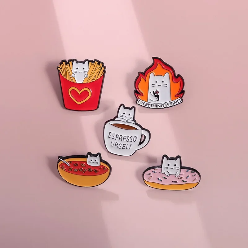 Cartoon Donut Cat Metal Badge Everything Is Good Enamel Pin Cute Kitten Coffee Animal Brooch Decorate Jacket Lapel Jewelry Gift