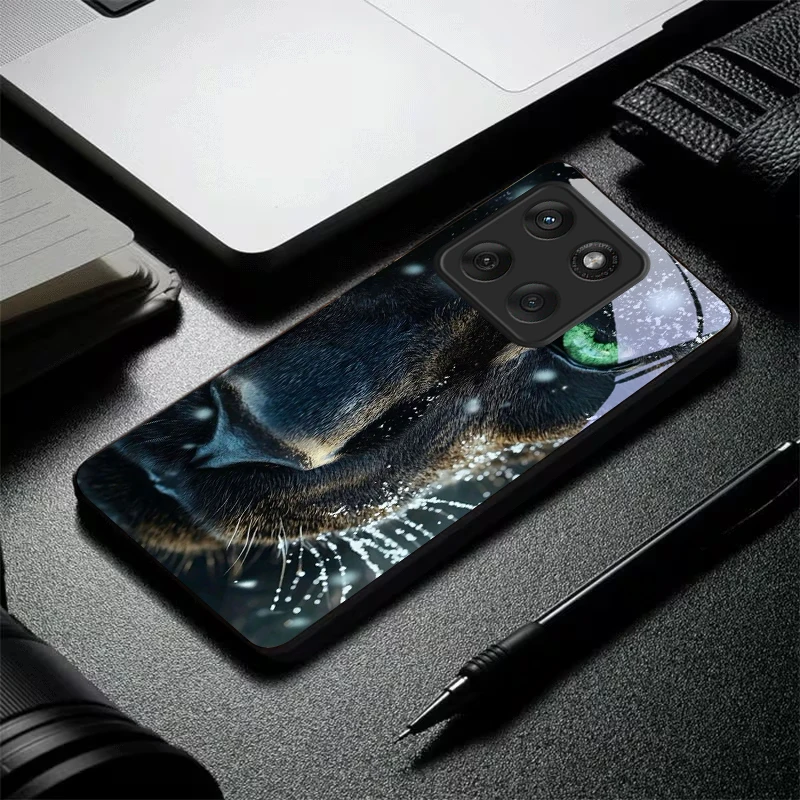 Panther Green Eye Black Glass Phone Case For Motorola Moto Edge 60 70 20 Lite 30 Pro 40 50 Ultra X30 Pro G14 G75 G84 14 5G Cover view 2