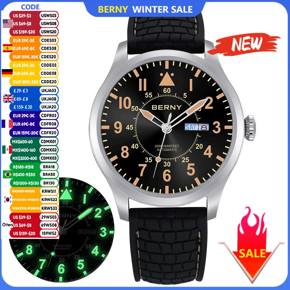 BERNY 20Bar Diver Men Automatic Watch Mechanical Watch NH36 Pilot Military Sapphire Luminous Over Size Waterproof 20ATM Watches