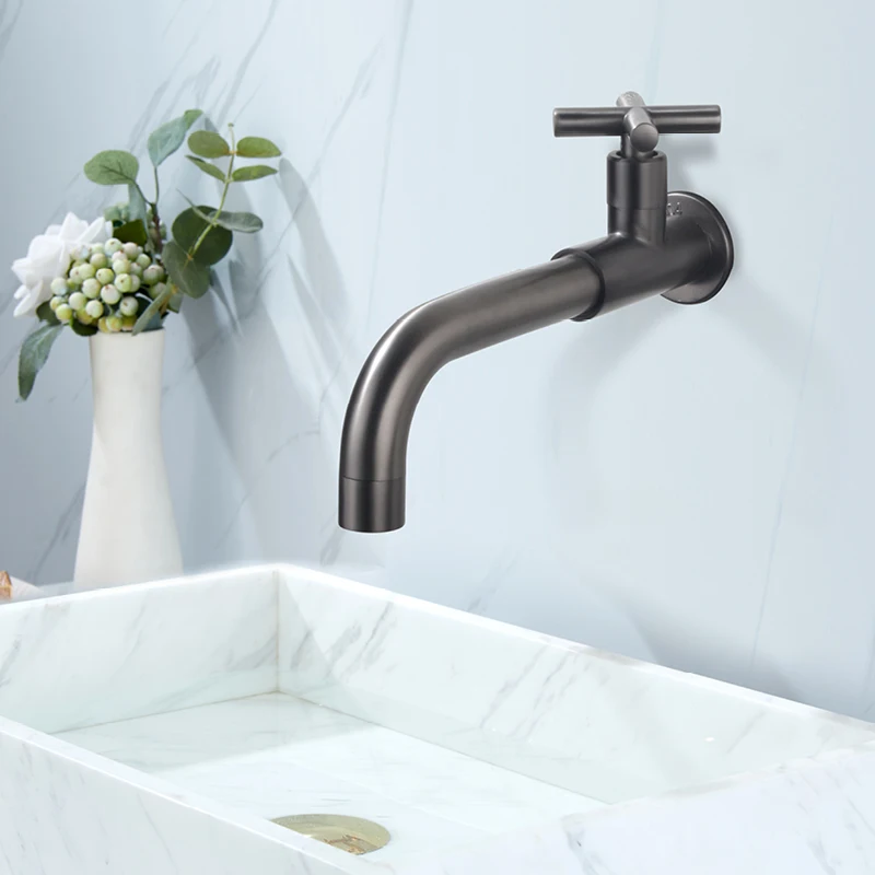 Bathroom Faucet Wall Mounted Single Cold brass Basin Faucet  with Single Handle Balcony Wash Basin Tap Grey