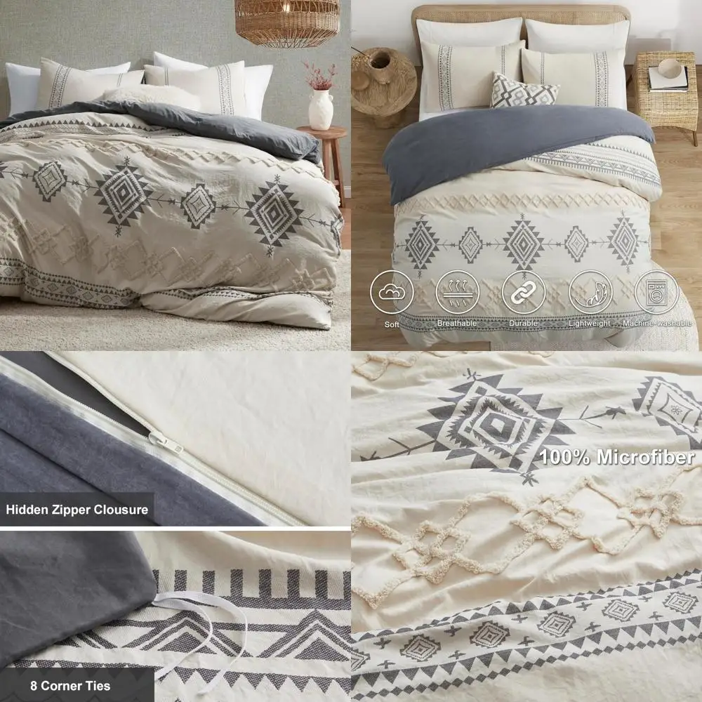

Queen Size Bohemian Duvet Cover Set in Beige and Gray, 3-Piece Microfiber Bedding, Durable Softness, Stylish Color Clash Design