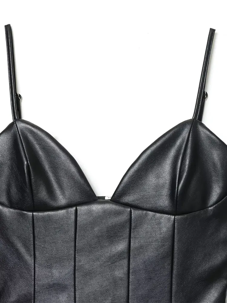 NLZGMSJ Sexy Lmitation Leather Party Women Dress Sleeveless V-Neck Cami Dress New Fashion 2025 Autumn Evening Night Club Dress