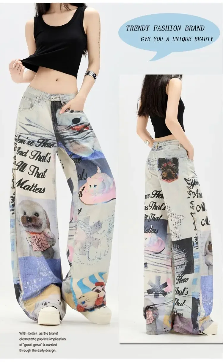 

Панк и пряная девушка Floor Pants Брюки Джинсы Женщины Тяжелая промышленность Дизайн Ковбойские брюки с 3D-принтом Мешковатые джинсы Y2k Jean Woman