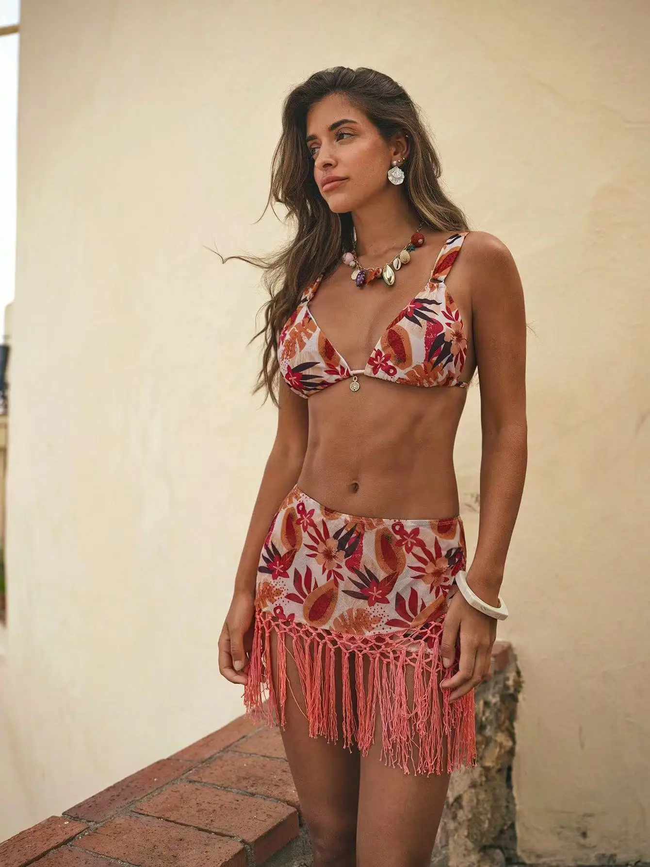 Bikini Set 3 Piece Women Printed Sexy Fringe Skirt Cover Up Halter & High Waist Vintage Floral Hot 2026 Bikini Sundress Holiday