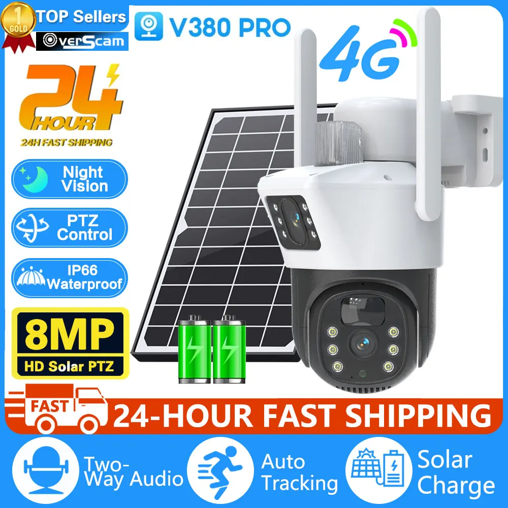 

V380 4K 4G SIM Card Dual Lens Solar Cameras 8MP Wireless Surveillance PTZ Battery Camera Color Night Vision PIR Detection Audio