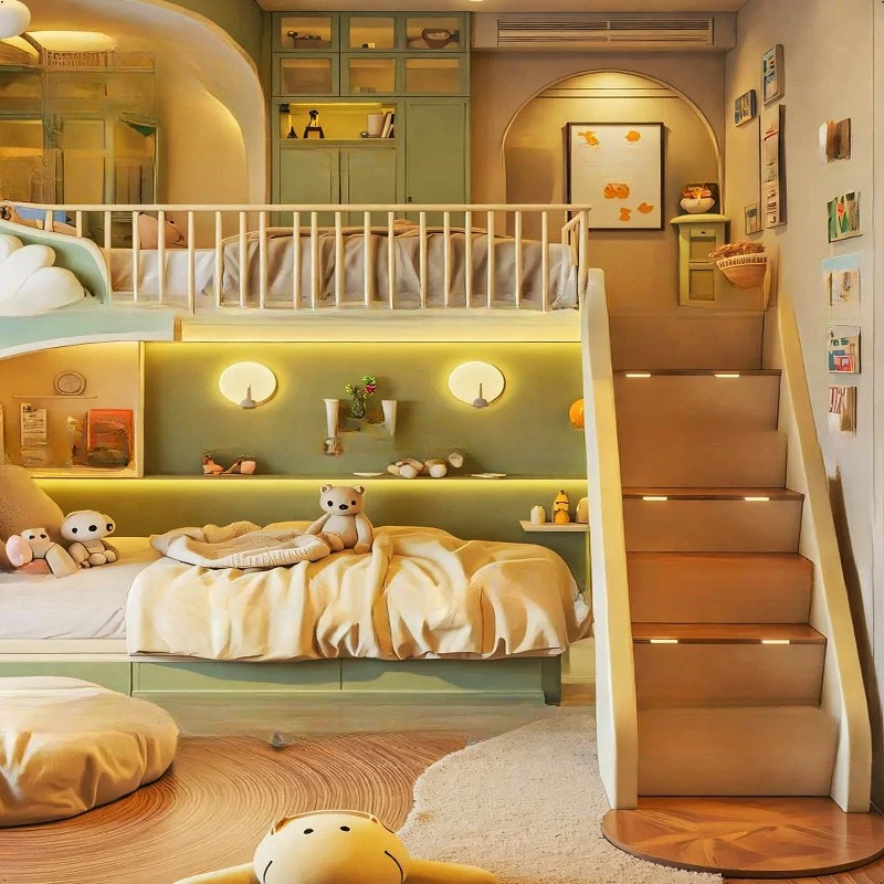 Rumah pohon di hutan, tempat tidur anak-anak, desain seperti harta karun anak laki-laki, bisa digunakan di atas dan di luar tempat tidur, hijau kecil segar dengan rak buku