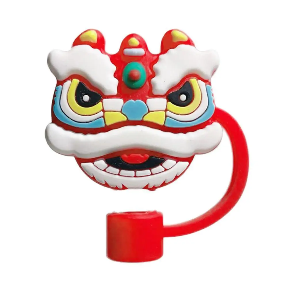 10mm Cartoon Straw Cover Reusable Silicone Chinese New Year Straw Cap Decor For 5-10mm Lion Head Straw Hat