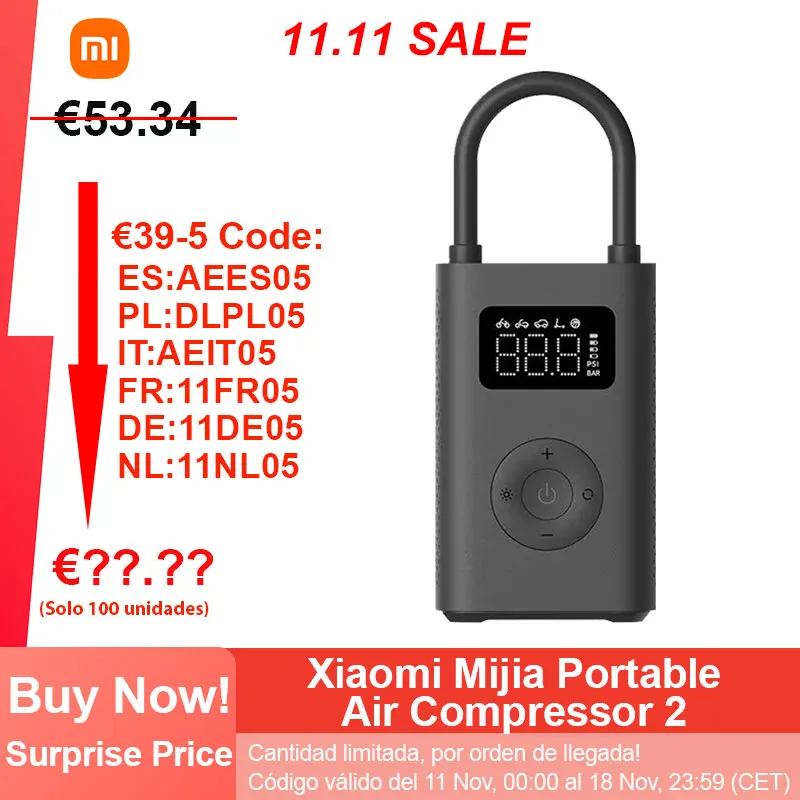 Xiaomi Mijia Portable Electric Air Compressor 2, Electric Scooter Air Pump, Smart Digital Tire Pressure Detection Inflator