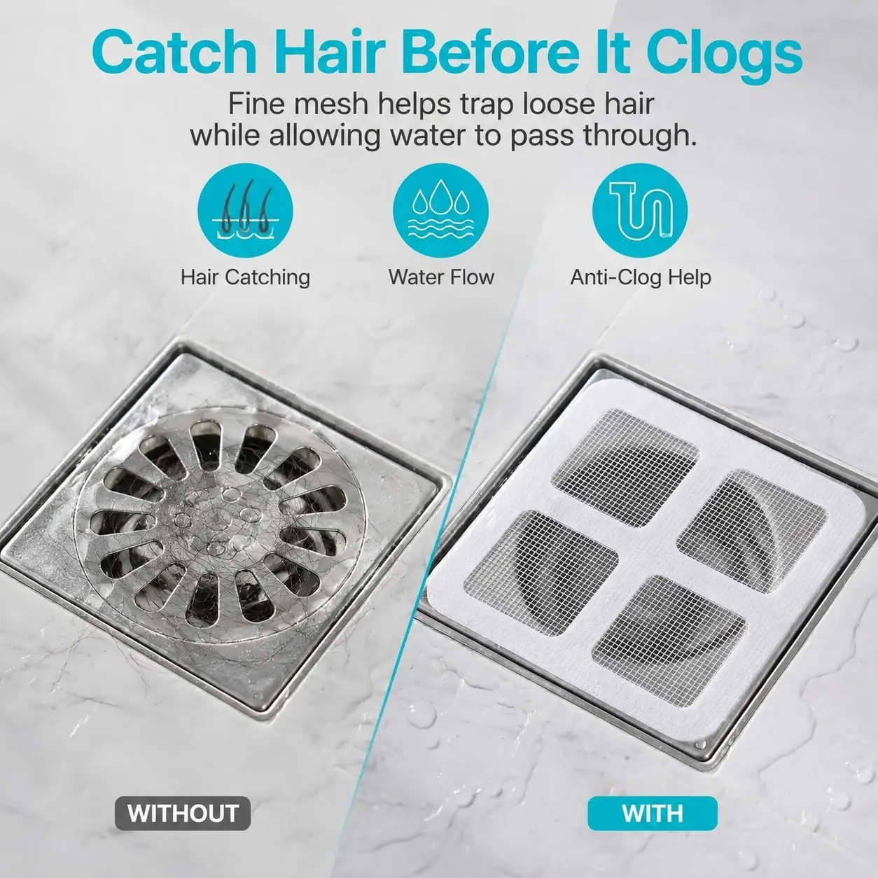 Disposable filter sticker，mesh cover locks hair in water flow，suitable for flat bathtubs，bathrooms，and laundry drainage pipes